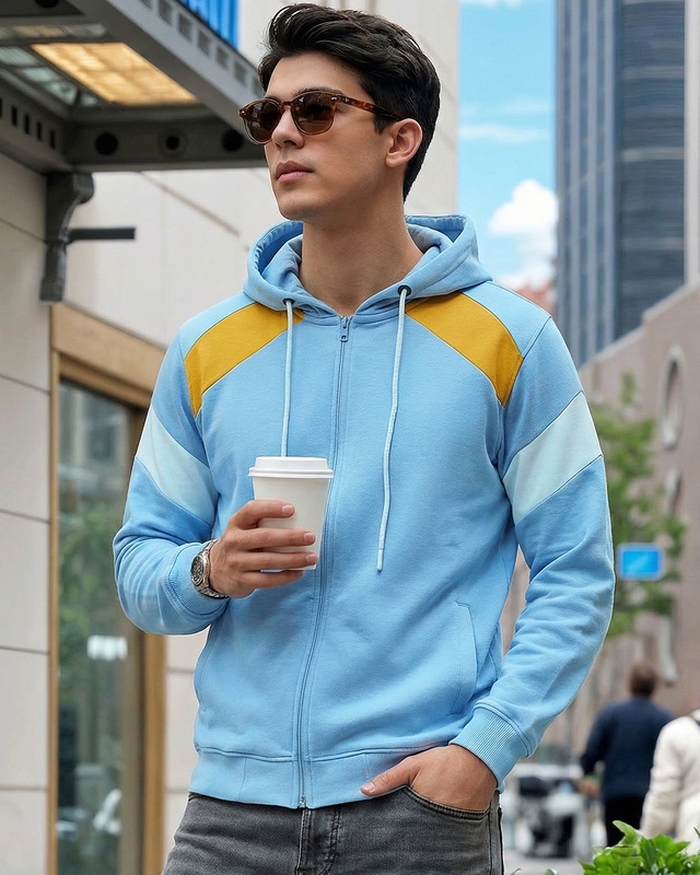 Shop Men's Blue Color Block Zipper Hoodies-Front