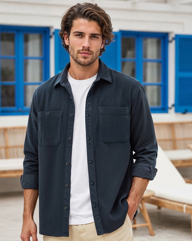 Men's Blue Corduroy Shirt-Front Bewakoof Shop Men's Blue Corduroy Shirt-Front