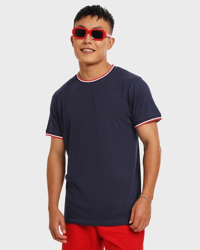 Shop Men's Blue Crewneck Varsity Rib T-shirt-Front
