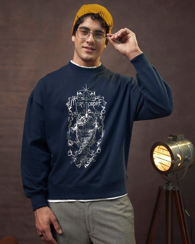 Shop Men's Blue Death Eater Graphic Printed Oversized Sweatshirt-Front