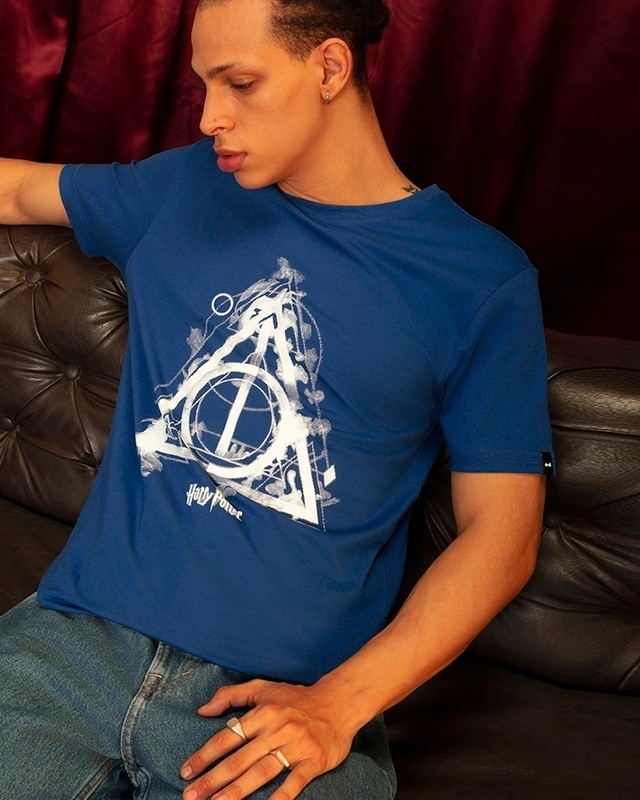 Men's Blue Deathly Hallows Graphic Printed T-shirt