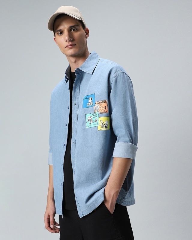 Shop Men's Blue Den Graphic Printed Oversized Shirt-Front