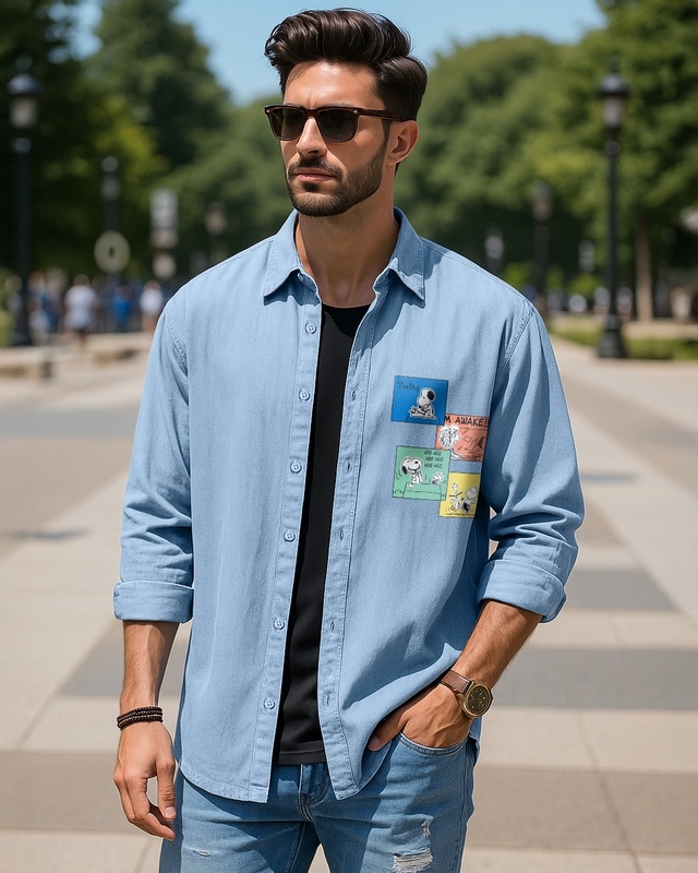 Shop Men's Blue Den Graphic Printed Oversized Shirt-Front