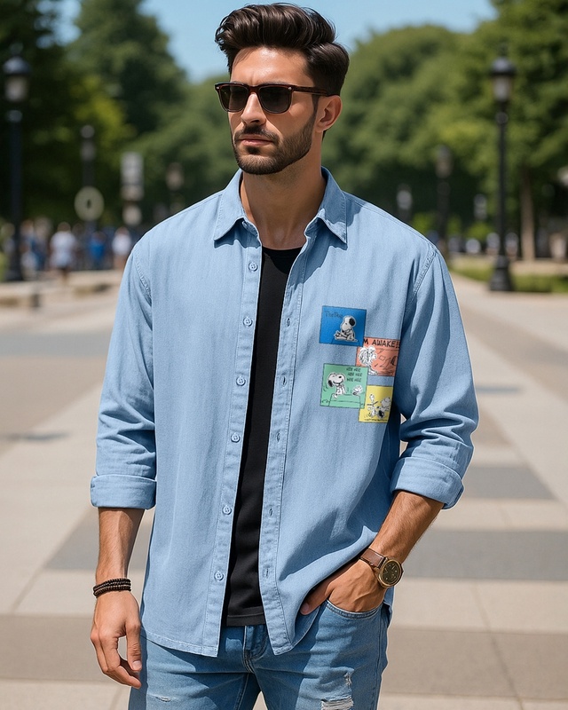 Shop Men's Blue Den Graphic Printed Oversized Shirt-Front