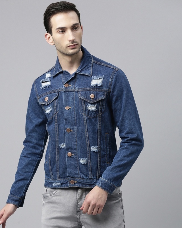 Shop Men's Blue Distress Slim Fit Denim Jacket-Front