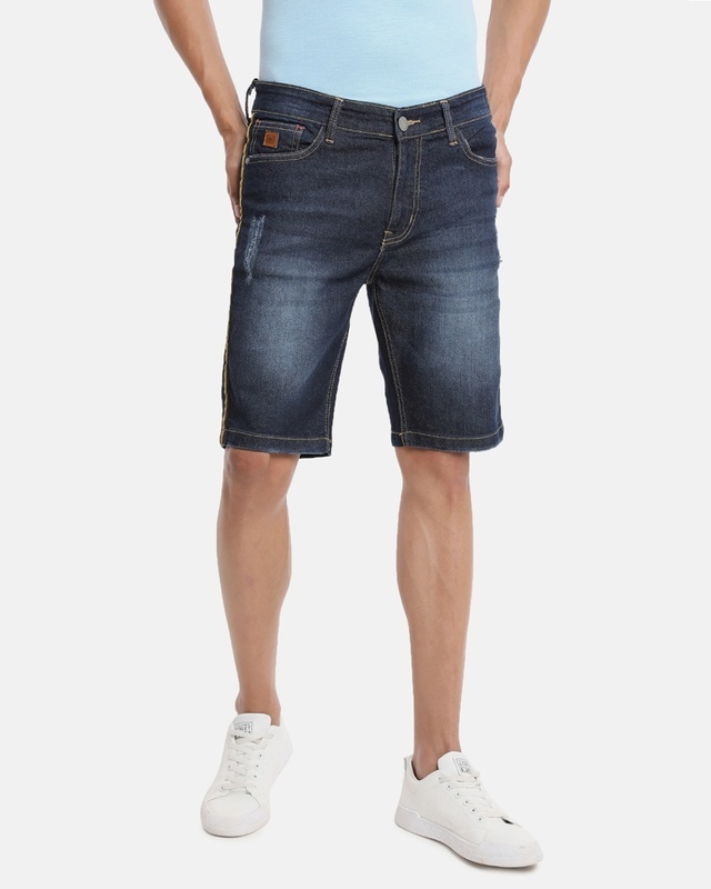 Shop Men's Blue Distressed Slim Fit Denim Shorts-Front