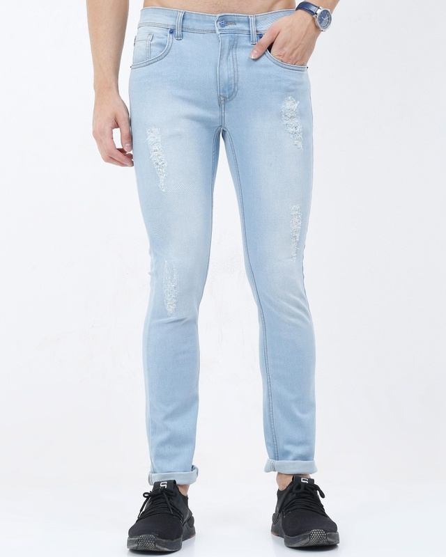Shop Men's Blue Distressed Slim Fit Jeans-Front