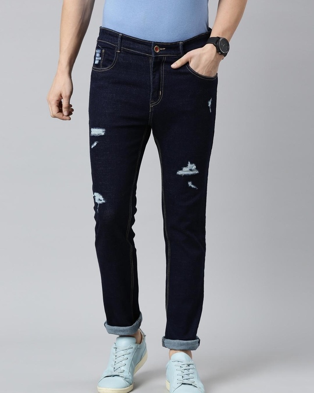 Shop Men's Blue Distressed Slim Fit Jeans-Front