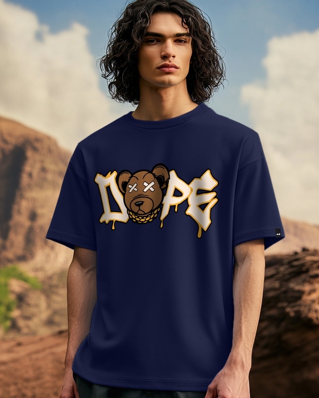 Shop Men's Blue Dope Bear Graphic Printed Oversized T-shirt-Front