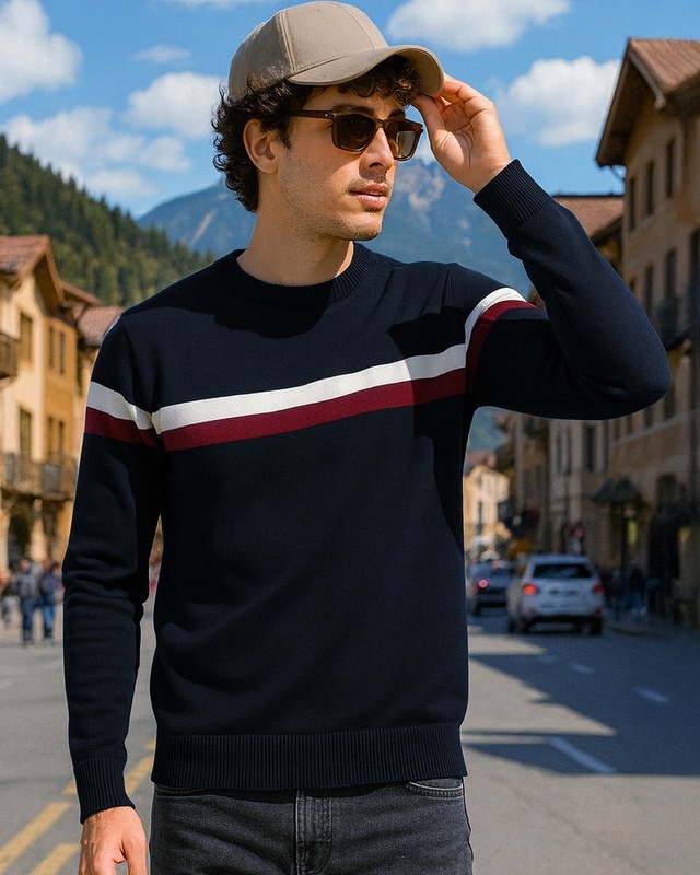 Shop Men's Blue Dual Striped Sweater-Front