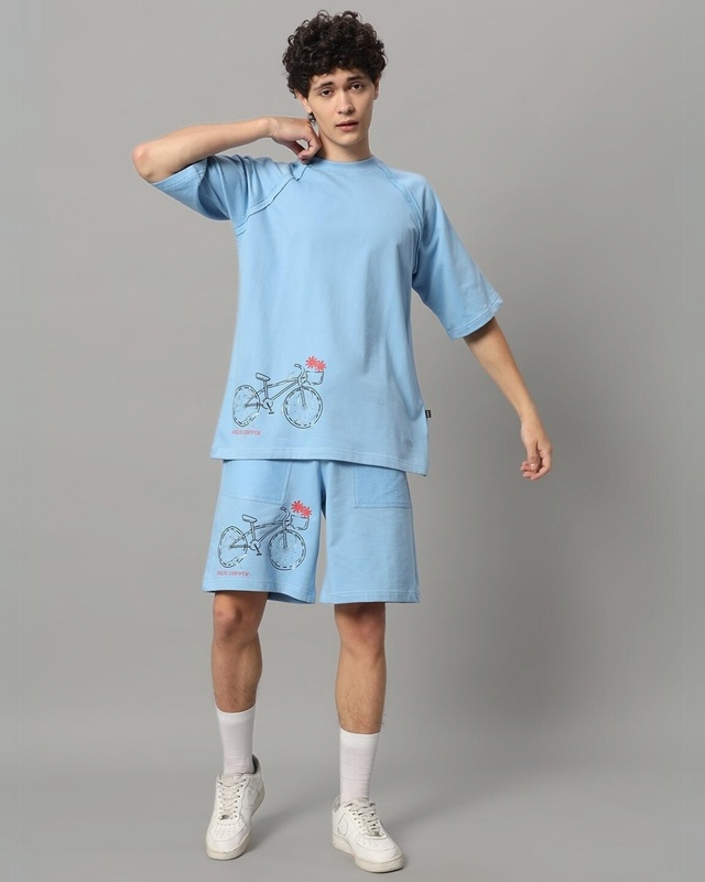 Shop Men's Blue Enjoy The Ride Printed Oversized Fit Co-ordinates-Front