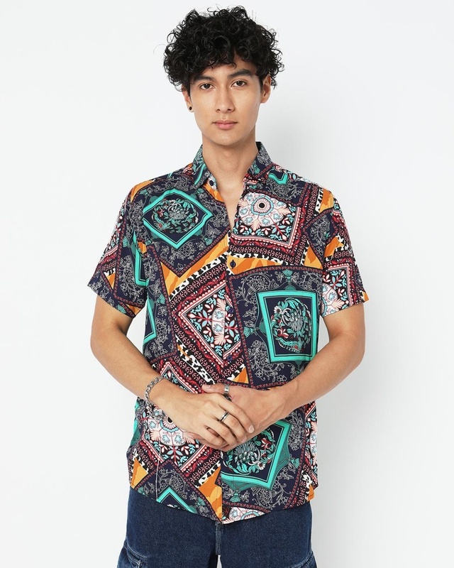 Shop Men's Blue Ethnic Motif Printed Shirt-Front