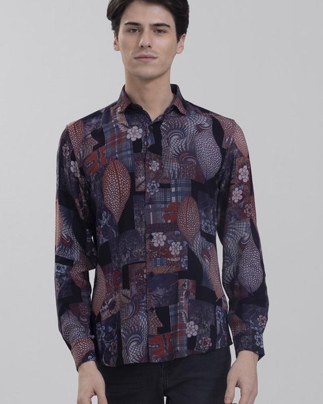 Shop Men's Blue Exotic Forest Printed Slim Fit Shirt-Front