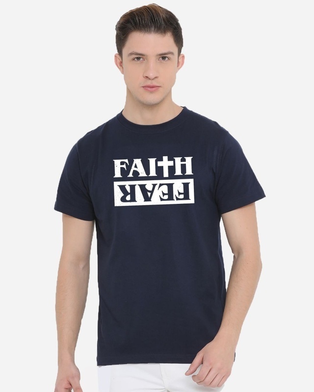 Shop Men's Blue Faith Fear Typography T-shirt-Front