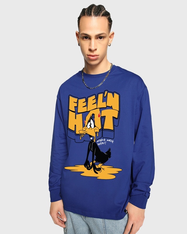 Shop Men's Blue Feel'n Hot Graphic Printed Oversized T-shirt-Front