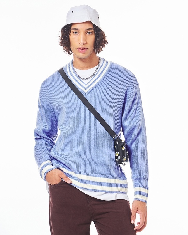 Shop Men's Blue Oversized Flat Knit Sweater-Front