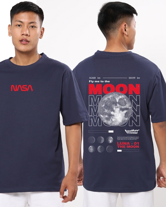 Shop Men's Blue Fly Me To The Moon Typography Oversized T-shirt-Front