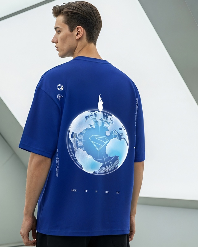 Shop Men's Blue Fortress Solitude Graphic Printed Oversized T-shirt-Front