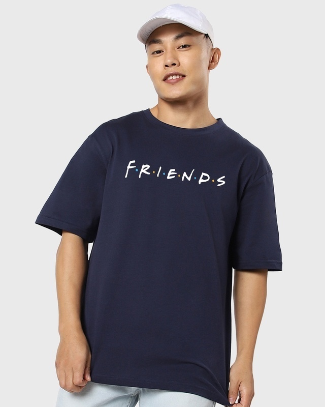 Shop Men's Blue Friends logo Typography Oversized T-shirt-Front