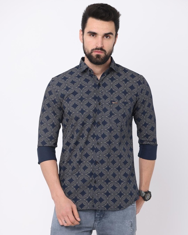 Shop Men's Blue Geometric Printed Slim Fit Shirt-Front