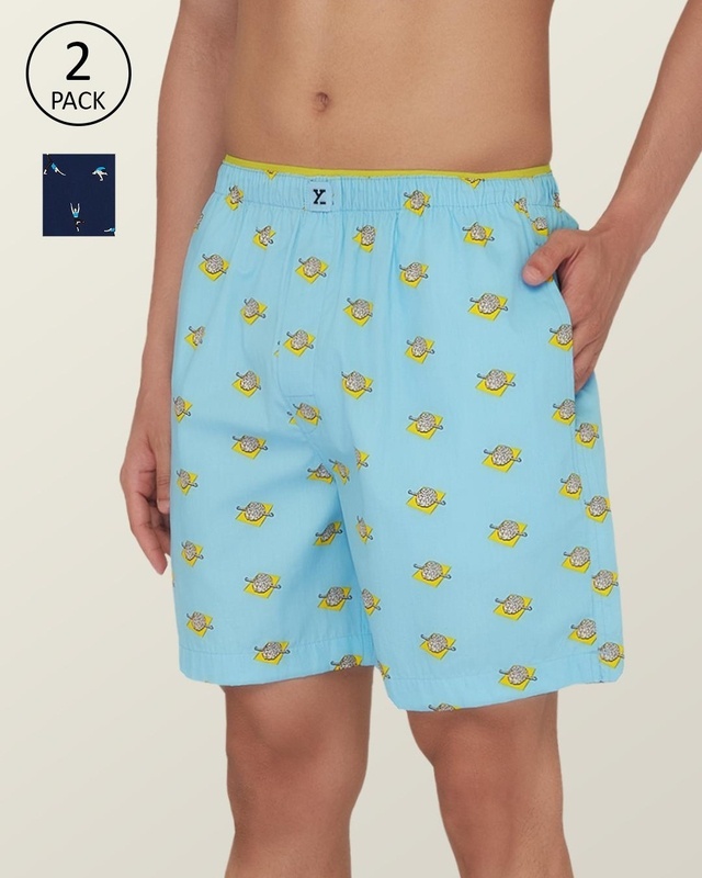 Shop Pack of 2 Men's Blue Graphic Printed Relaxed Fit Boxers-Front