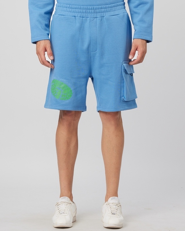 Shop Men's Blue Graphic Printed Relaxed Fit Cargo Shorts-Front