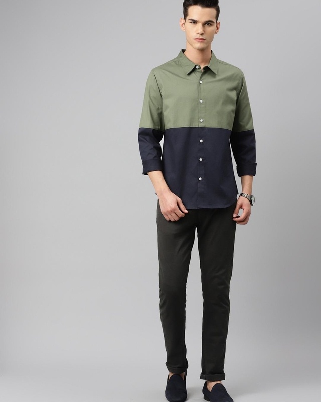 Shop Men's Blue & Green Color Block Shirt-Front