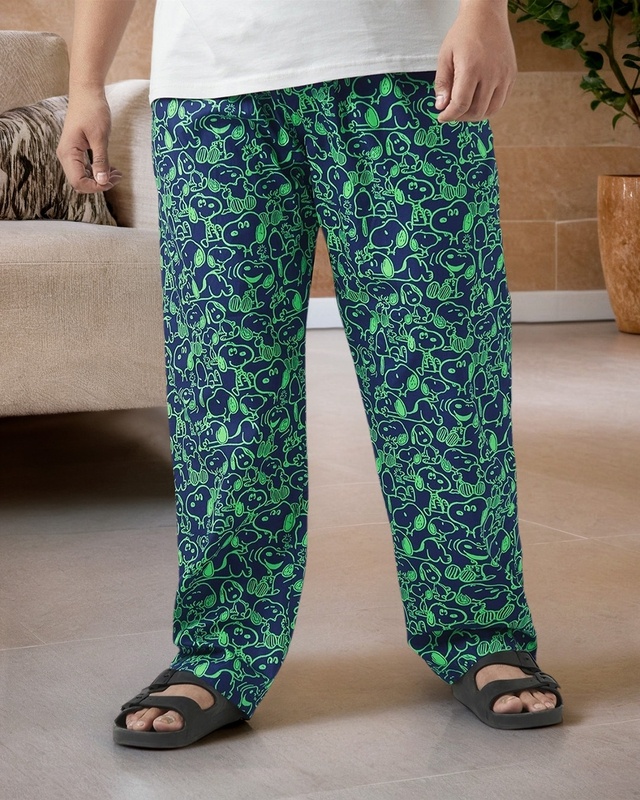Shop Men's Blue & Green Snoopy All Over Printed Plus Size Pyjamas-Front