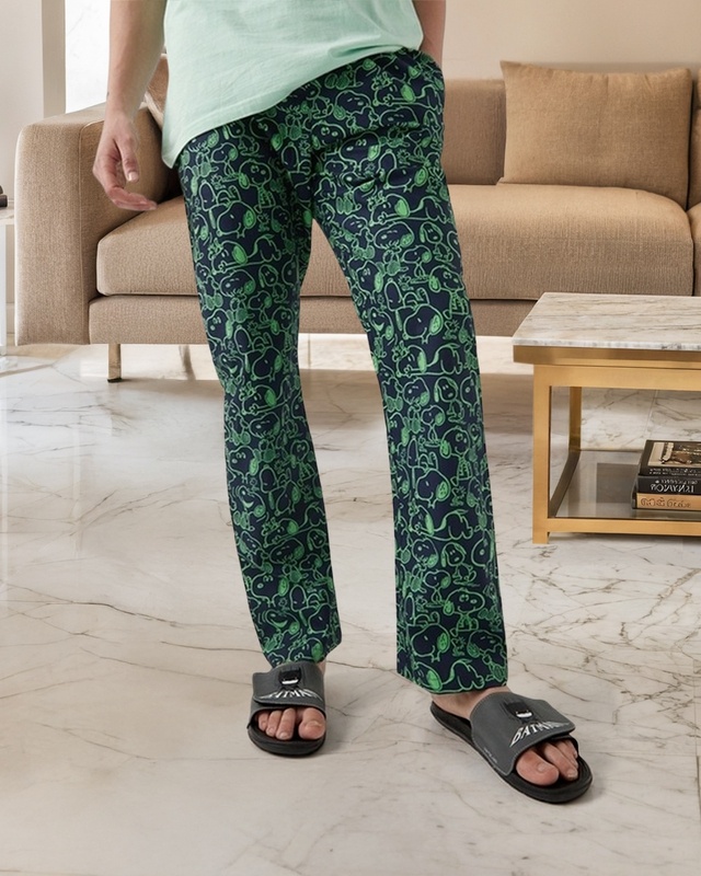 Shop Men's Blue & Green Snoopy All Over Printed Pyjamas-Front