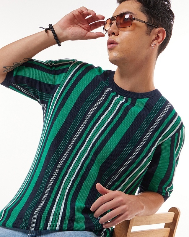 Shop Men's Blue & Green Striped Flatknit T-shirt-Front