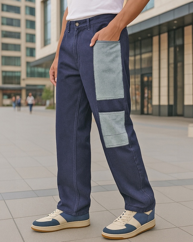 Shop Men's Blue & Grey Color Block Straight Fit Jeans-Front