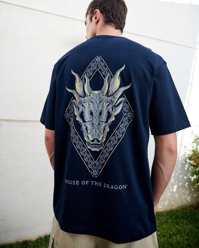 Shop Men's Blue House Of The Dragon Blood Graphic Printed Oversized T-shirt-Front