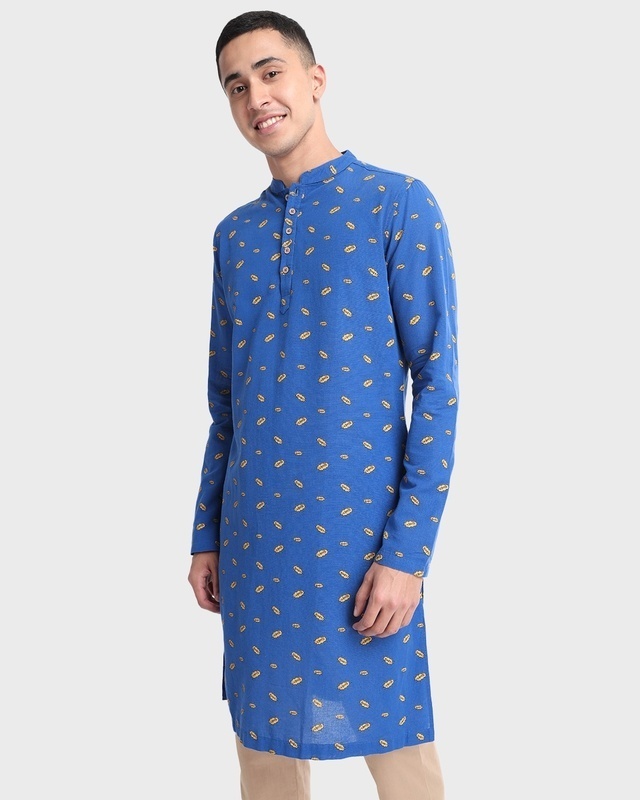 Shop Men's Blue Indo Fusion AOP Relaxed Fit Long Kurta-Front