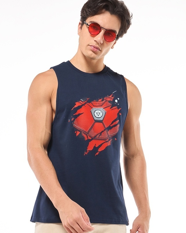 Shop Men's Blue Iron Man Of War Graphic Printed Oversized Vest-Front