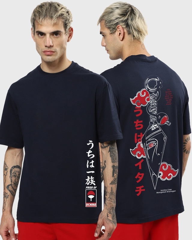 Shop Men's Blue Itachi Of The Sharingan Graphic Printed Oversized T-shirt-Front