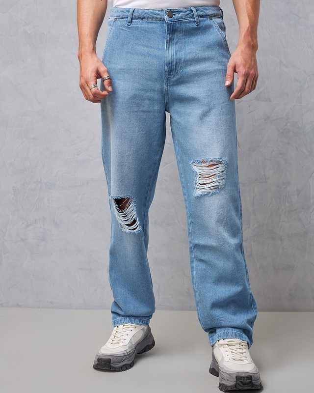 Shop Men's Blue Baggy Distressed Jeans-Front