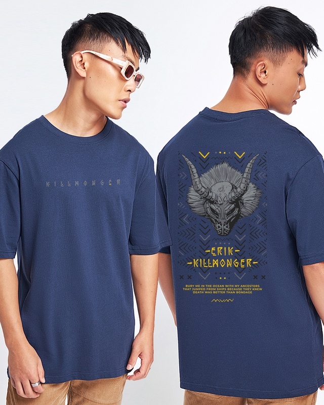 Shop Men's Blue Killmonger Graphic Printed Oversized T-shirt-Front