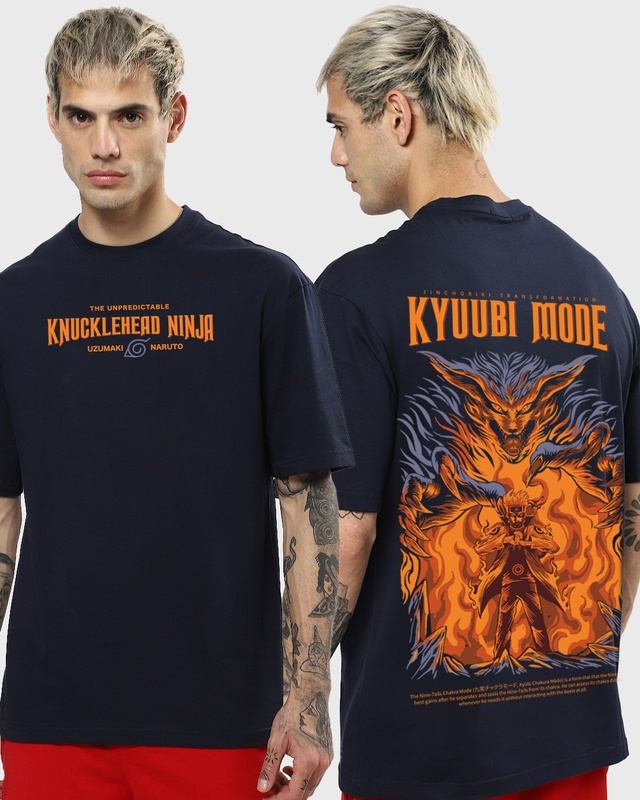 Shop Men's Blue Kyuubi Mode Graphic Printed Oversized T-shirt-Front