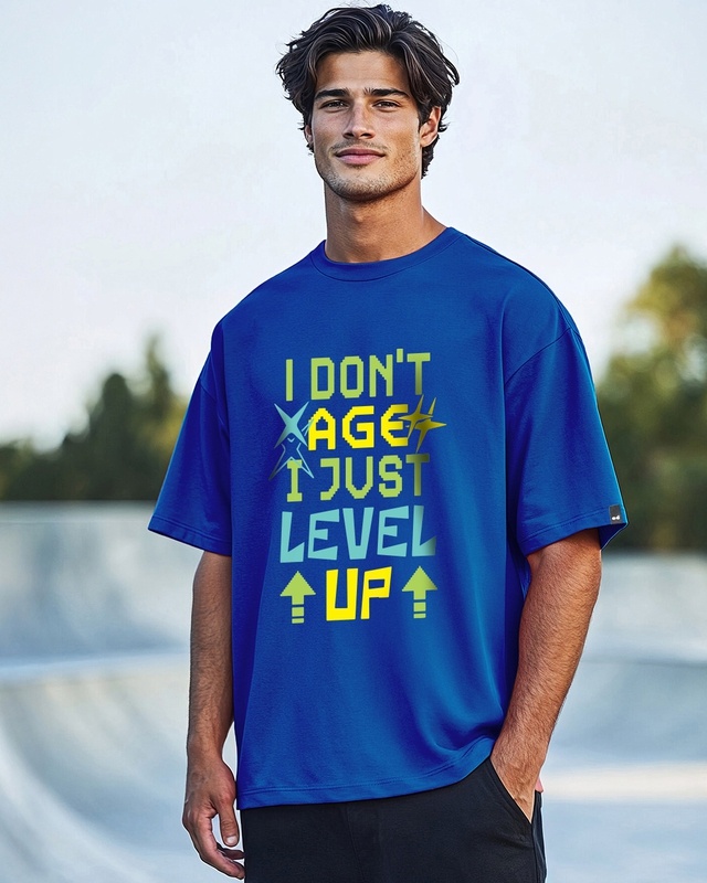 Shop Men's Blue Level Up Typography Oversized T-shirt-Front