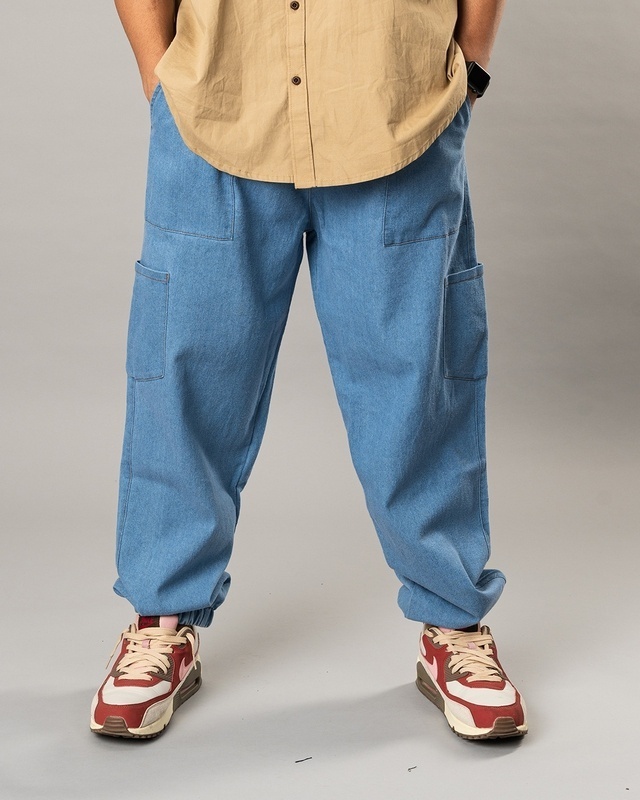 Shop Men's Blue Loose Comfort Fit Cargo Harem Pants-Front