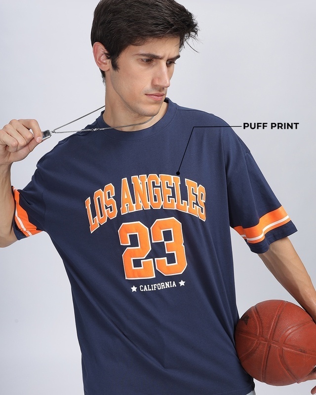 Shop Men's Blue Los-Angeles Puff Printed Oversized T-Shirt-Front