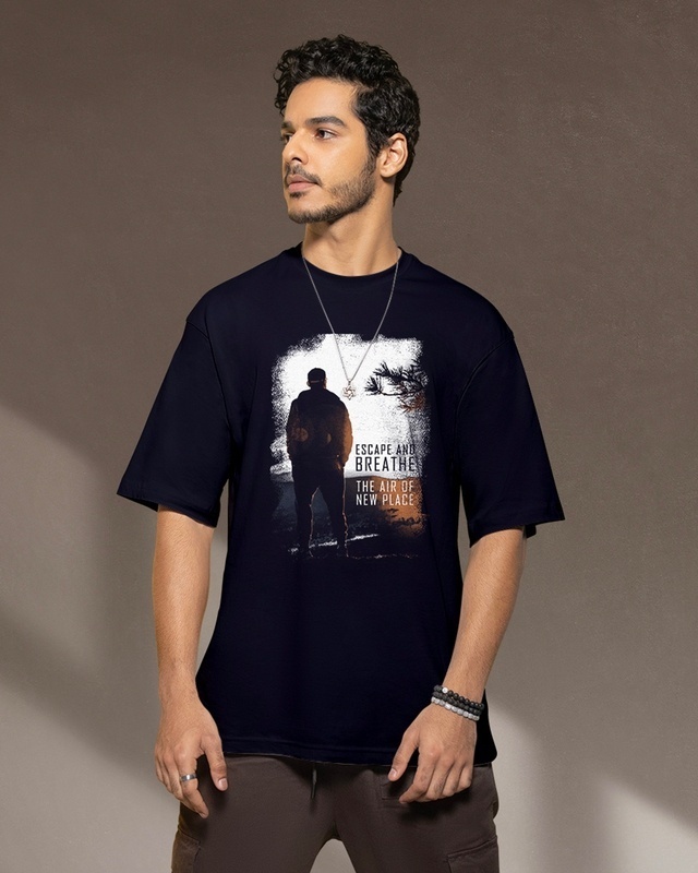 Shop Men's Blue Make Tracks Graphic Printed Oversized T-shirt-Front