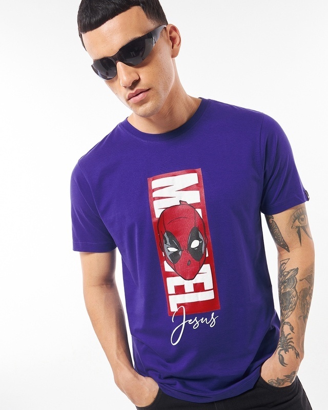 Shop Men's Blue Marvel Jesus Graphic Printed T-shirt-Front