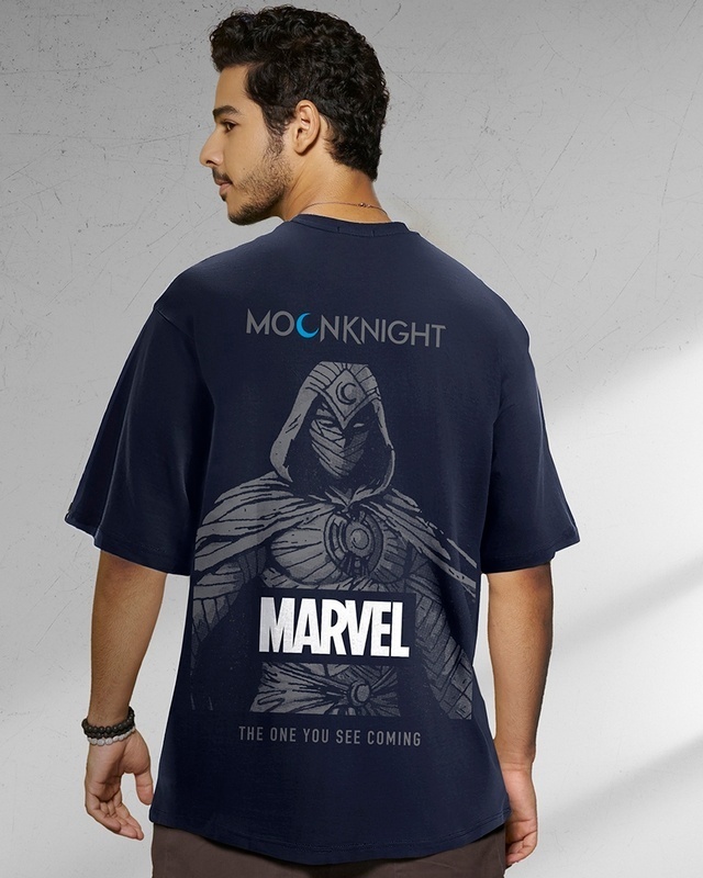 Shop Men's Blue Marvel Moon Knight Graphic Printed Oversized T-shirt-Front