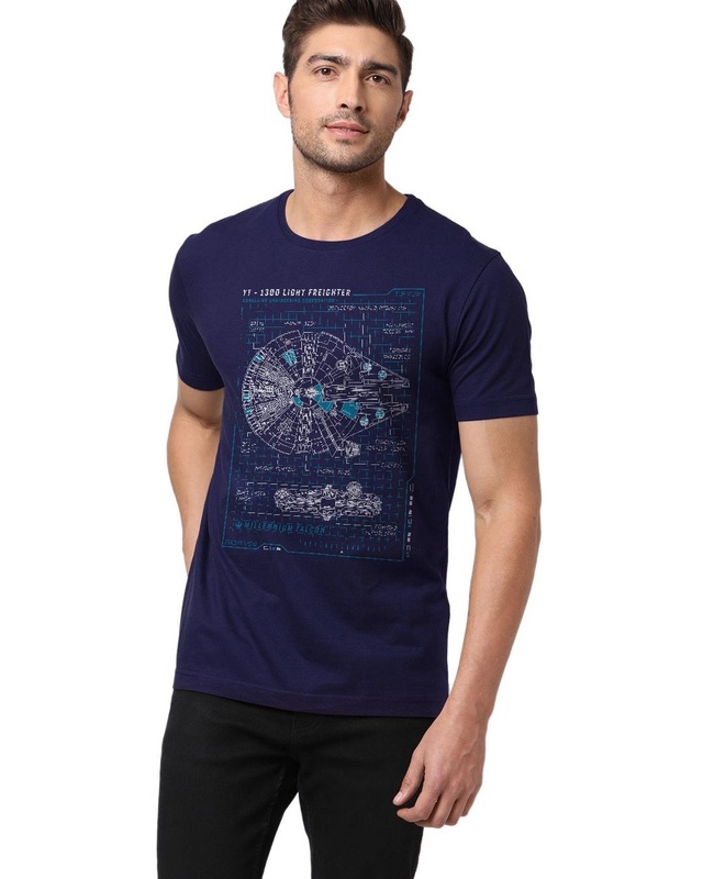 Shop Men's Blue Millennium Falcon Blueprint raphic Printed T-shirt-Front