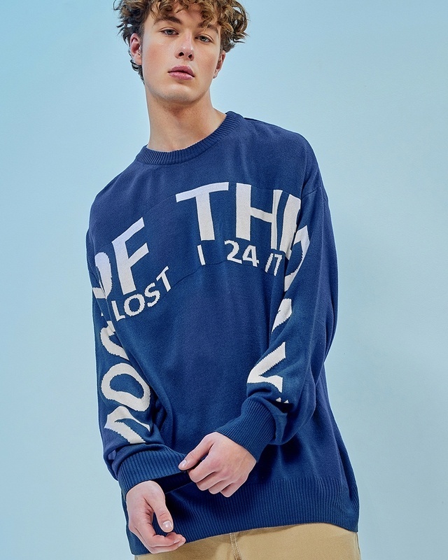 Shop Men's Blue Of Mood Typography Flatknit Sweater-Front