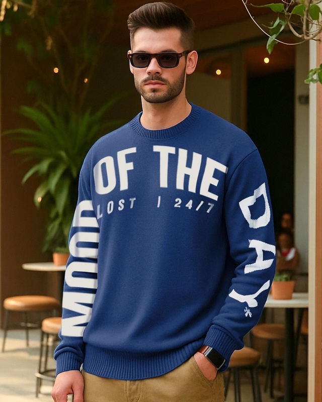 Shop Men's Blue Of Mood Typography Flatknit Sweater-Front