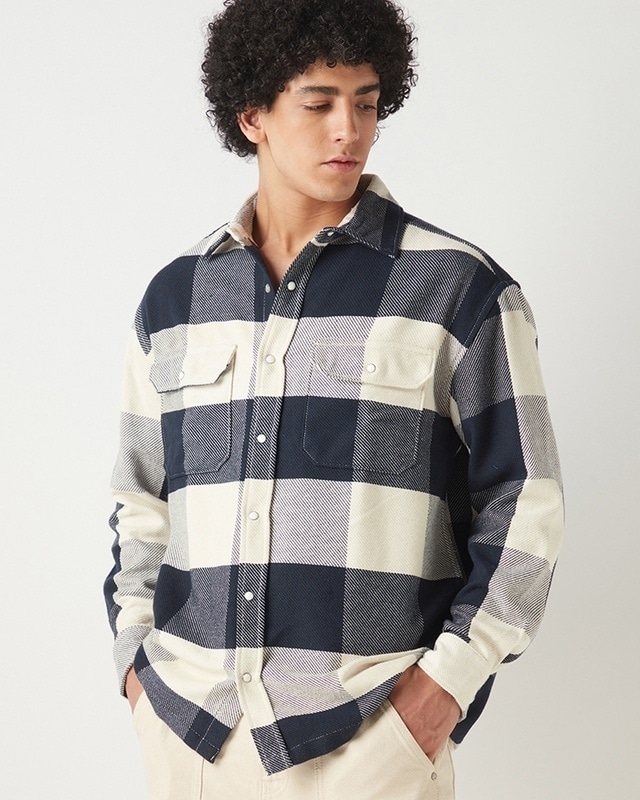 Shop Men's Blue & Off White Checked Oversized Shirt-Front