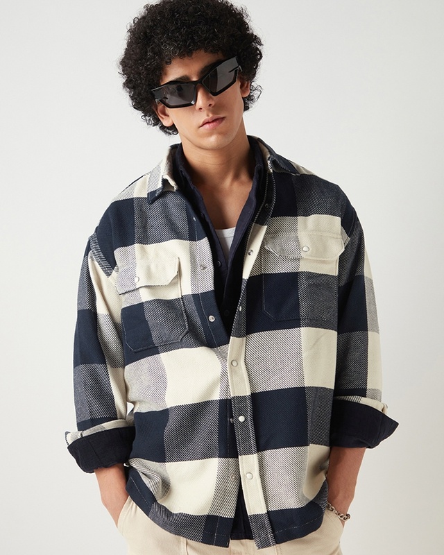 Shop Men's Blue & Off White Checked Oversized Shirt-Front