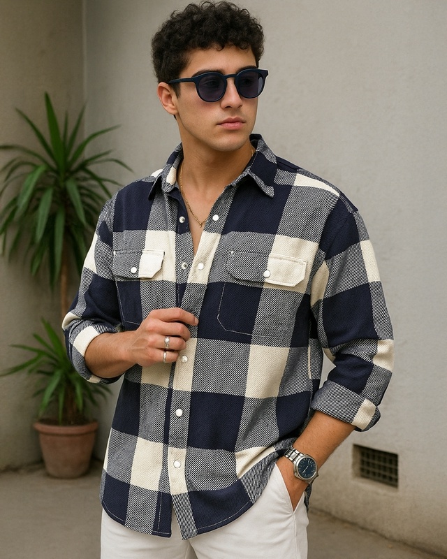 Shop Men's Blue & Off White Checked Oversized Shirt-Front